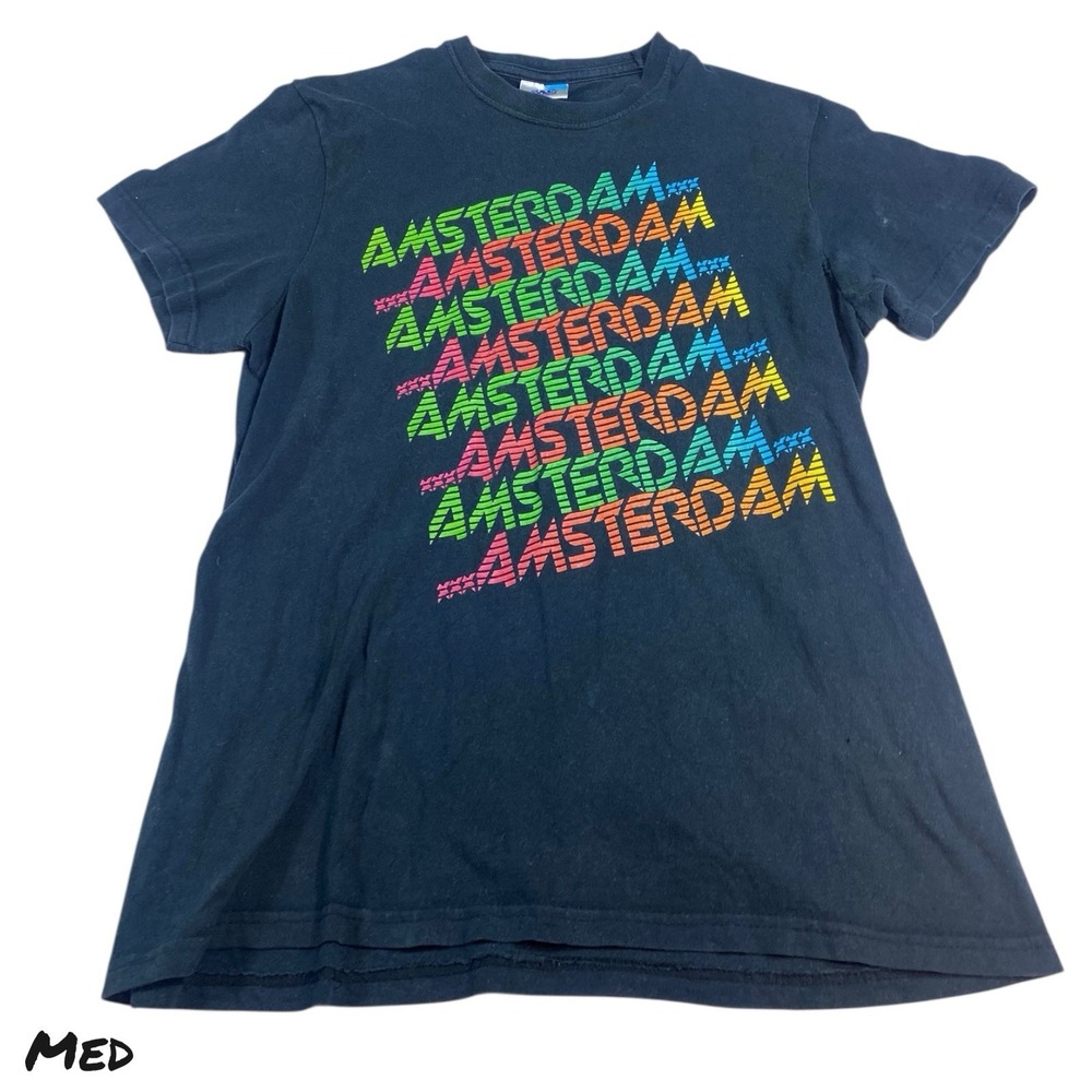 VTG Amsterdam T-Shirt Mens MEDIUM Black Retro Neon Travel Tourit Tee Cotton 90s